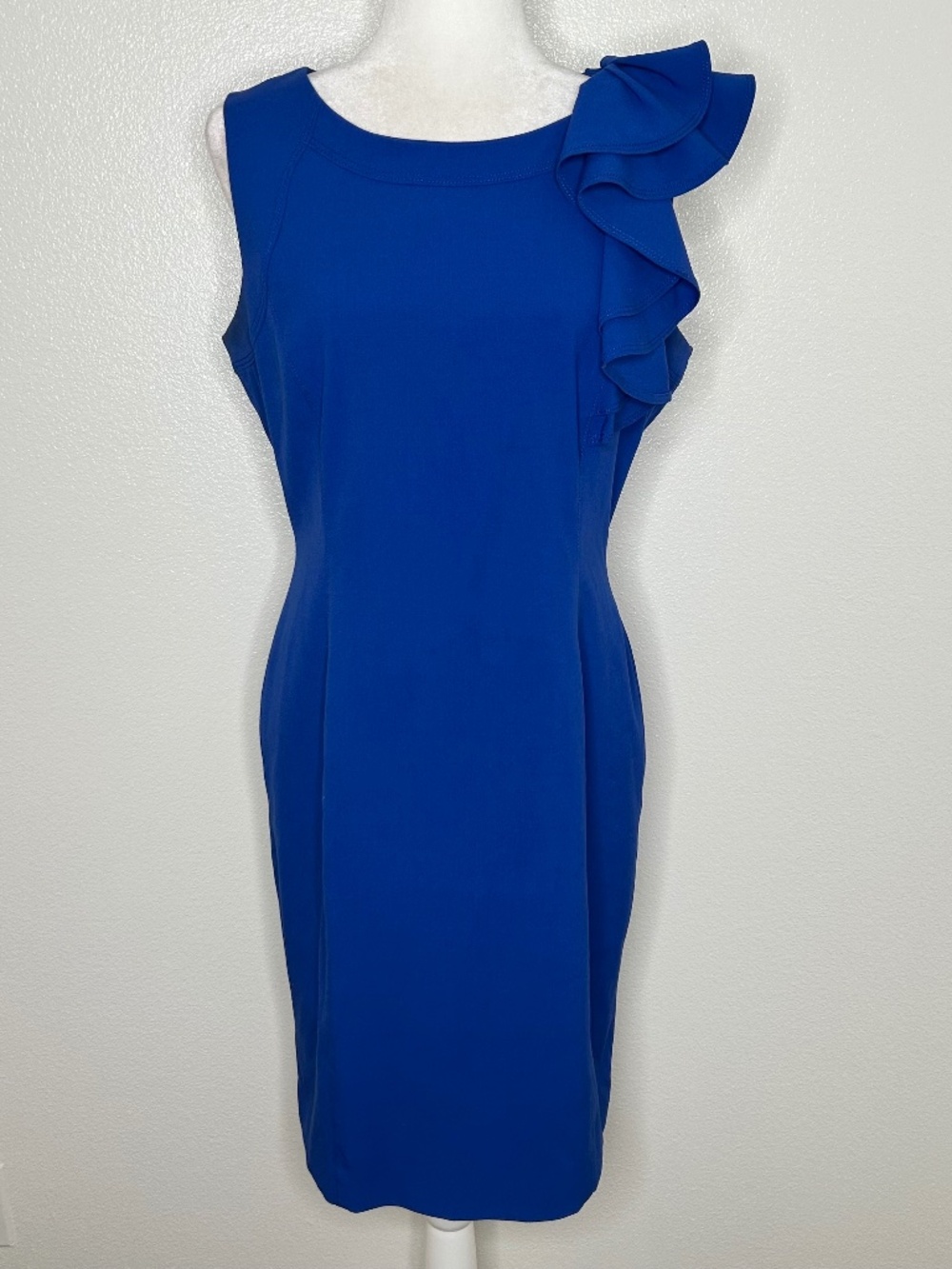 Calvin Klein Womens Blue Sleeveless Ruffled Shoulder Sheath Dress Size 10
